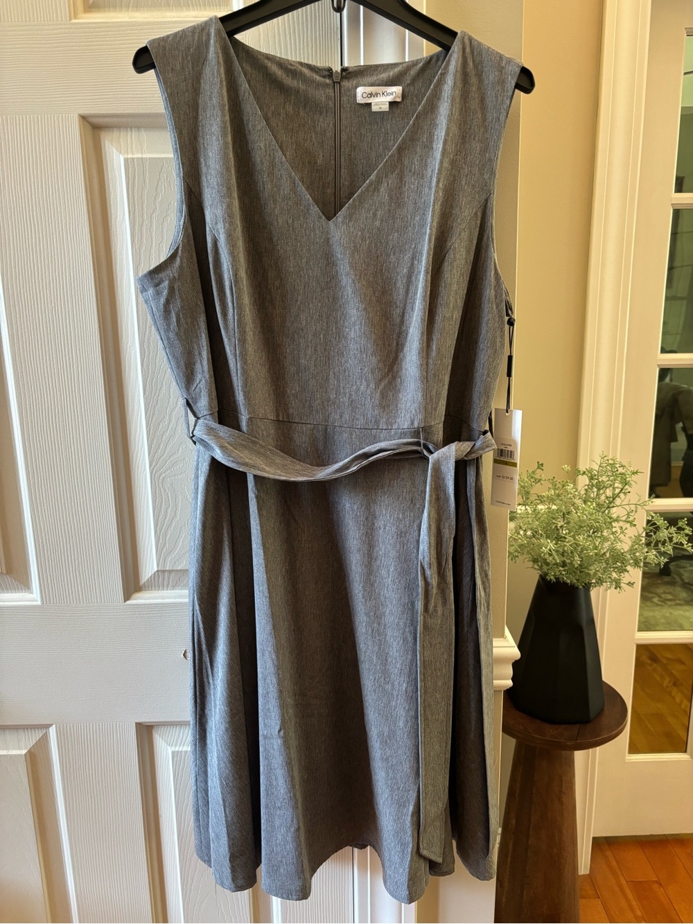 Calvin Klein Sleeveless V-Neck Gray Belted A-Line Dress